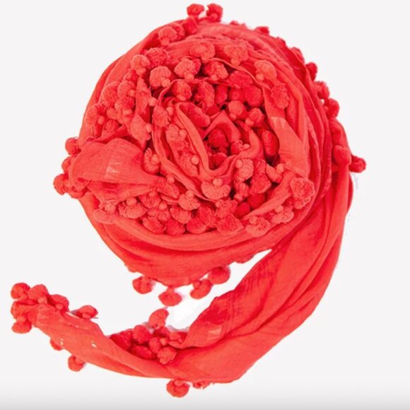 Matta NY Dupatta Shawl – Poppy Red – Pom Pom Tassels – Handwoven 100x200cm - Picture 1 of 6